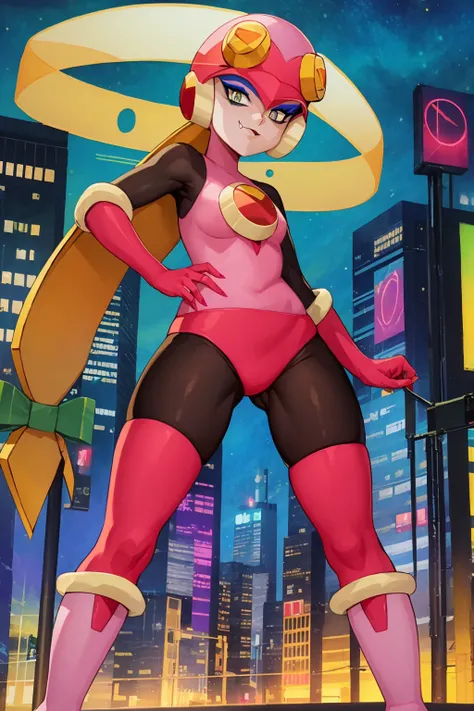 masterpiece, best quality, 1girl, evilroll, helmet, blonde hair, green eyes, eyeshadow, makeup, high heels, fang out, bodysuit, pink gloves, pink boots, looking at viewer, solo, night, city light, contrapposto, standing, night sky, cyberpunk city background <lora:Rollexe:1>