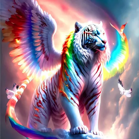 a white tiger with wings and a rainbow light , fantasy animal, fantasy animal, fire wings <lora:last:1>