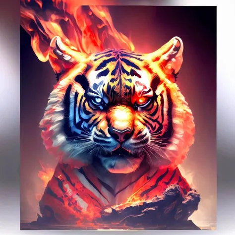 a tiger with a fire on its face, fantasy animal, <lora:last:1>