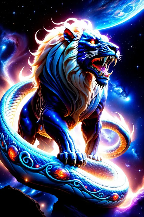 Roaring lion with coiled dragon snake body, (serpent body):1.5, Kali Yuga, Demiurge, serpent eyes, body adorned with cosmic lights, galaxy clusters, surrealism, astronomical scale, huge, epic, unimaginable size, Roar emitting consciousness and cosmic matter, horror-themed space-themed Surrealism, concept art surreal, anatomy, fantastical organs, space demon, sharp teeth, wide grimace, masterpiece, best quality, highly detailed, sharp focus, dynamic lighting, vivid colors, texture detail, particle effects, storytelling elements, narrative flair, 16k, UE5, HDR, subject-background isolation . digital artwork, illustrative, painterly, matte painting, highly detailed, expressive, dramatic, organic lines and forms, dreamlike and mysterious, Surrealism . cosmic, celestial, stars, galaxies, nebulas, planets, science fiction, highly detailed . eerie, unsettling, dark, spooky, suspenseful, grim, highly detailed, <lora:fantasy animal:0.9>, fantasy animal