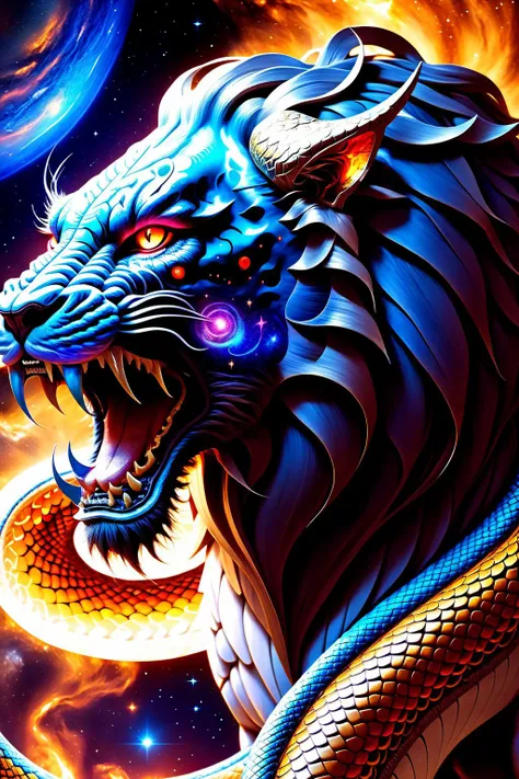 Roaring lion with coiled dragon snake body, (huge serpent body):1.5, Kali Yuga, Demiurge, serpent eyes, body adorned with cosmic lights, galaxy clusters, surrealism, astronomical scale, huge, epic, unimaginable size, Roar emitting consciousness and cosmic matter, horror-themed space-themed Surrealism, concept art surreal, anatomy, fantastical organs, space demon, sharp teeth, wide grimace, masterpiece, best quality, highly detailed, sharp focus, dynamic lighting, vivid colors, texture detail, particle effects, storytelling elements, narrative flair, 16k, UE5, HDR, subject-background isolation . digital artwork, illustrative, painterly, matte painting, highly detailed, expressive, dramatic, organic lines and forms, dreamlike and mysterious, Surrealism . cosmic, celestial, stars, galaxies, nebulas, planets, science fiction, highly detailed . eerie, unsettling, dark, spooky, suspenseful, grim, highly detailed, <lora:fantasy animal:0.9>, fantasy animal