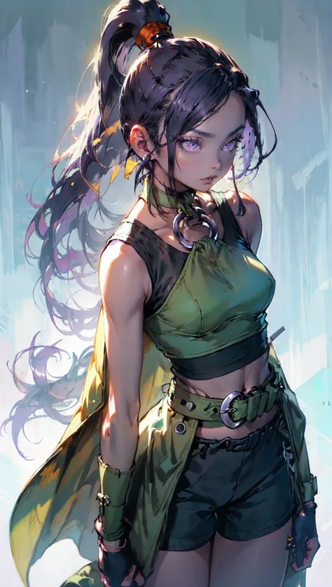 martina,purple eyes, purple hair, very long hair, ponytail, hair scrunchie, green choker, o-ring top, tank top, sleeveless, waist cape, black shorts, green belt, boots,<lora:NijiExpressV2:0.4> fcPortrait <lora:martinaV1:0.9> <lora:FF14 Art:0.8>