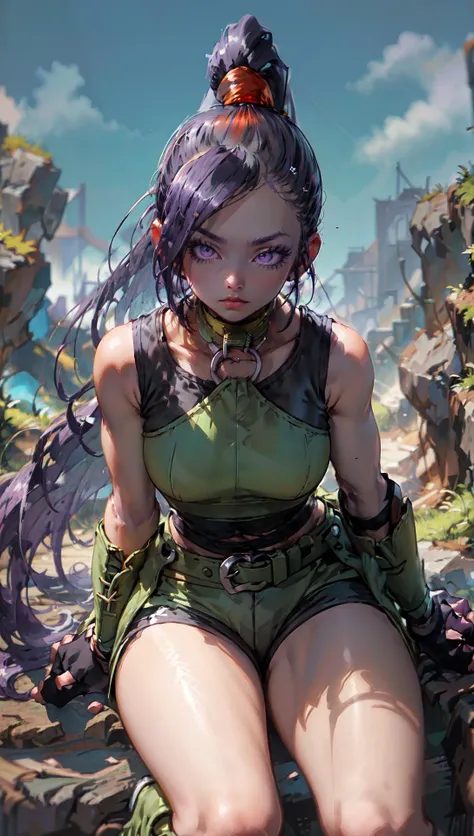 martina,purple eyes, purple hair, very long hair, ponytail, hair scrunchie, green choker, o-ring top, tank top, sleeveless, green gloves, waist cape, black shorts, green belt, boots,<lora:NijiExpressV2:0.4> fcPortrait <lora:martinaV1:1> <lora:FF14 Art:0.9>