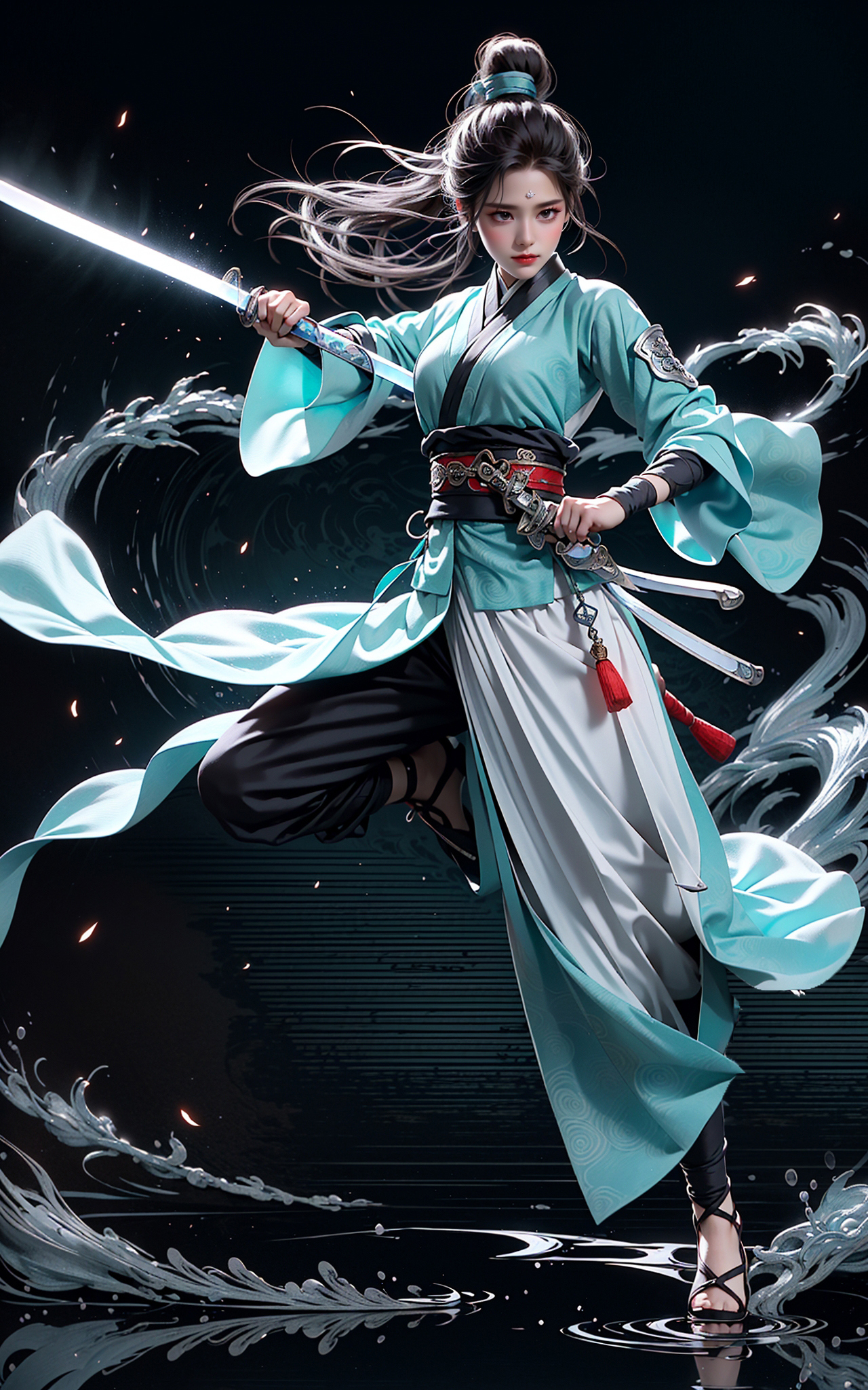 A woman in a blue and white dress holding a sword - SeaArt AI
