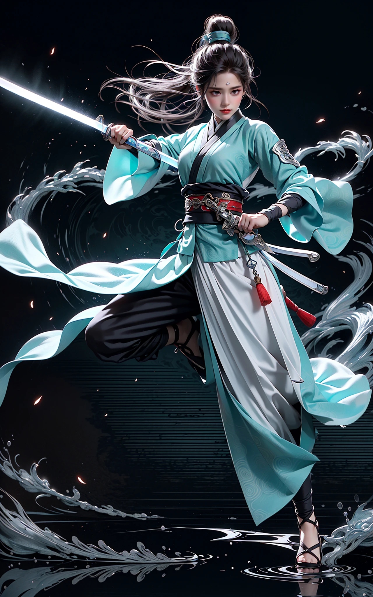 martial, 1girl, solo, simple background, outstretched armJumping(Sky blue hanfu dress:1.4)(Ancient Chinese sword, holding sword:1.2)
ustration style, Chinese martial arts war scenes, chinese ink style, martial arts style,
(medium breasts:1.3), long sleeves, chinese clothes, (glowing:1.4), splashing, fighting stance,,
Chinese calligraphy, ink painting, characters, calligraphy characters, text background(full body:1.2),
<lora:~Q?-kfg/ martial:0.8>
