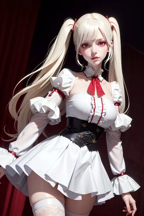 shiny skin, pale skin, glowing red eyes, twintails, platinum blonde hair, wavy hair, frilled shirt collar, frilled sleeves, juliet sleeves, white shirt, white high-waist shorts, red eyeshadow, adult, dynamic pose, dynamic angle, masterpiece, best quality, 1girl,