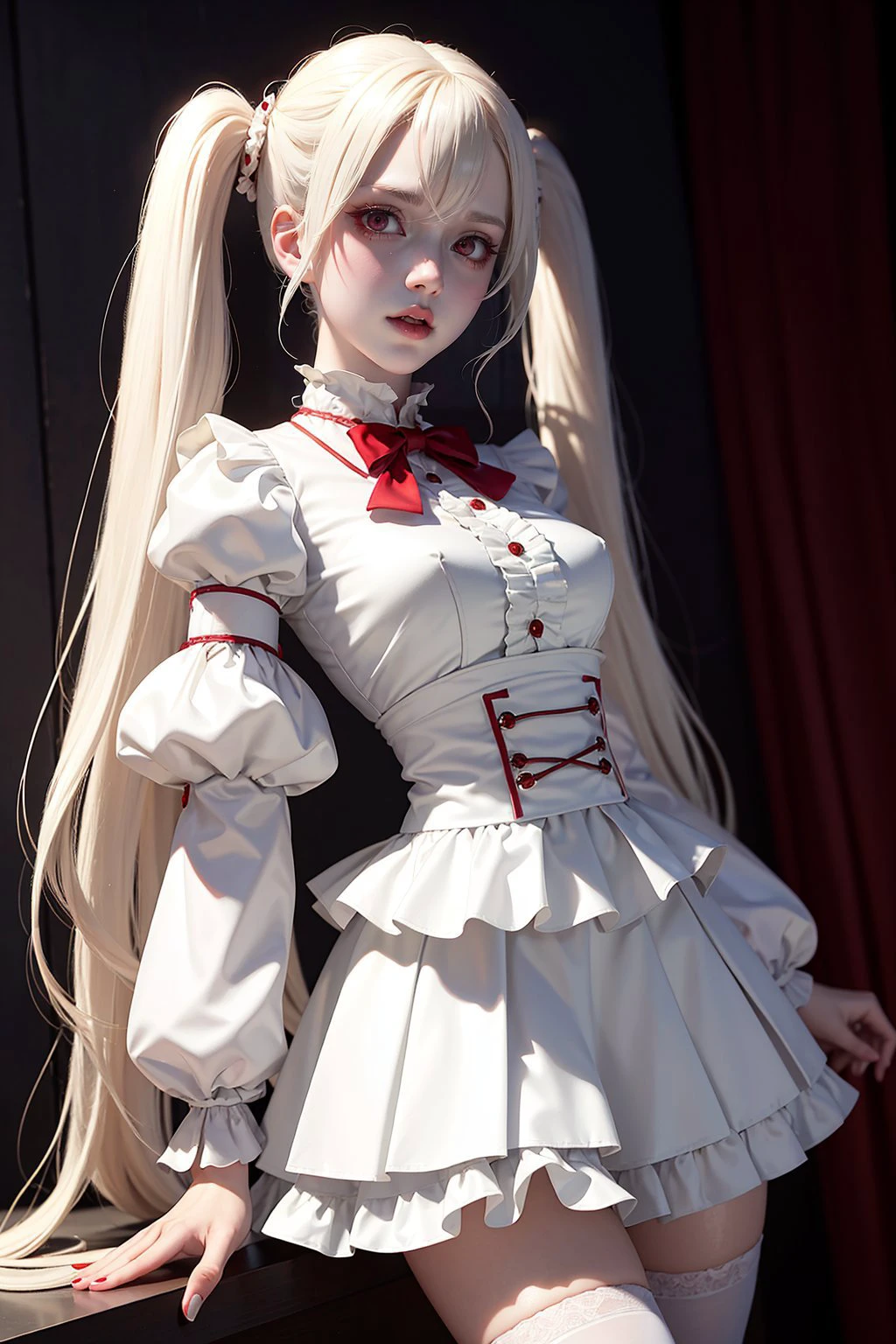 shiny skin, pale skin, glowing red eyes, twintails, platinum blonde hair, wavy hair, frilled shirt collar, frilled sleeves, juliet sleeves, white shirt, white high-waist shorts, red eyeshadow, adult, dynamic pose, dynamic angle, masterpiece, best quality, 1girl,