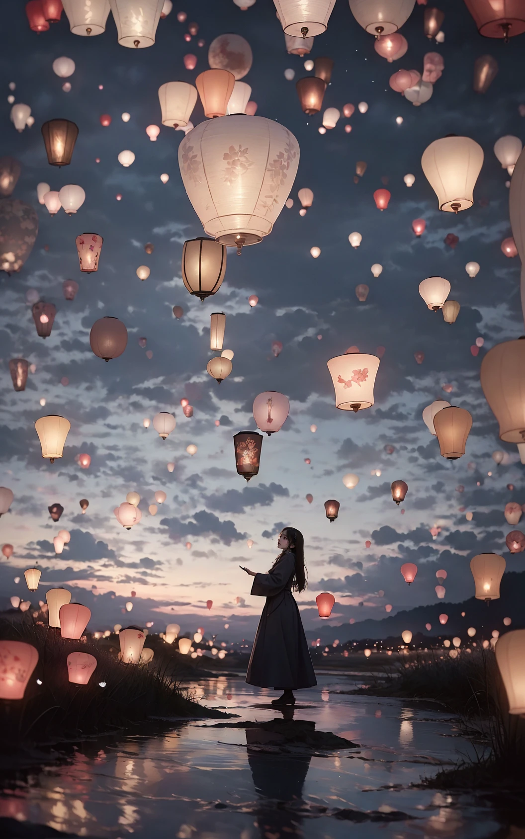 sky lanternmasterpiece, best quality, 32k uhd, insane details, intricate details, hyperdetailed, hyper quality, high detail, ultra detailed, Masterpiece, (Real waterRealistic waterflowing water:1.1)ripples  cyan sky,
A whimsical sight of paper lanterns floating against the twilight sky, captured in a wide view by Tim Walker.    The lanterns cast a warm glow, creating a dreamlike tableau that melds tradition with beauty, i can't believe how beautiful this is, dream-like atmosphere
 <lora:~Q?-[Tfpo sky lantern:0.8>