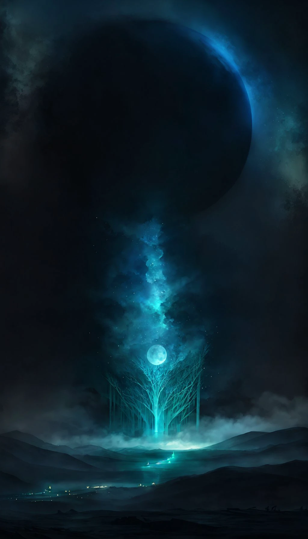 Lost Land of otherworldly dreams, fantasy, magic, watercolor, ink, acrylic, double exposure, mythological, great detail, mid-night, moon, fog, gothic gloom, art on a cracked paper, storybook detailed illustration, cinematic, ultra highly detailed, tiny details, beautiful details, mystical, luminism, vibrant colors