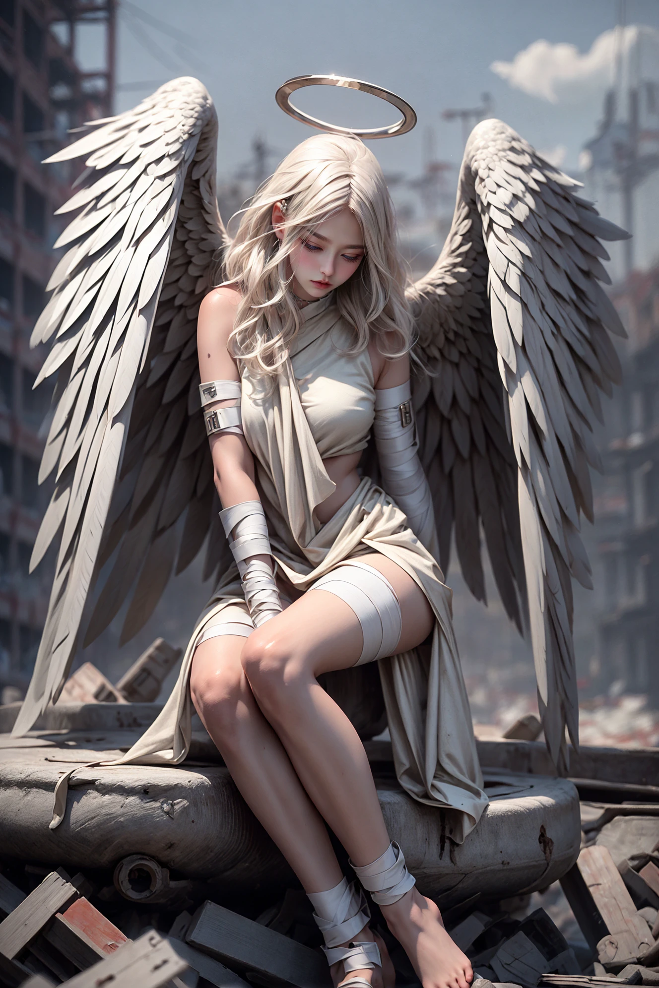 Epic CG masterpiece, hdr,dtm, full ha,8K, ultra detailed graphic tension, dynamic poses, stunning colors, 3D rendering, surrealism, cinematic lighting effects, realism, 00 renderer, super realistic, full - body photos, super vista, super wide Angle, HD
(wide shot, wide-angle lens,Panoramic:1.2),super vista, super wide AngleLow Angle shooting, super wide lens, (ring:1.4)looking downhair flower
angel(Milky skin, shiny skin:1.5)(bandages:1.3)(black wings:1.4)feathered wingsangel wingsbarefootblushdepth of fieldruinsblood on clothes (skinny legs:1.5), platinum blonde hair, own hands togethermedium breasts,
<lora:Y)OXQeNV2 angel:1>