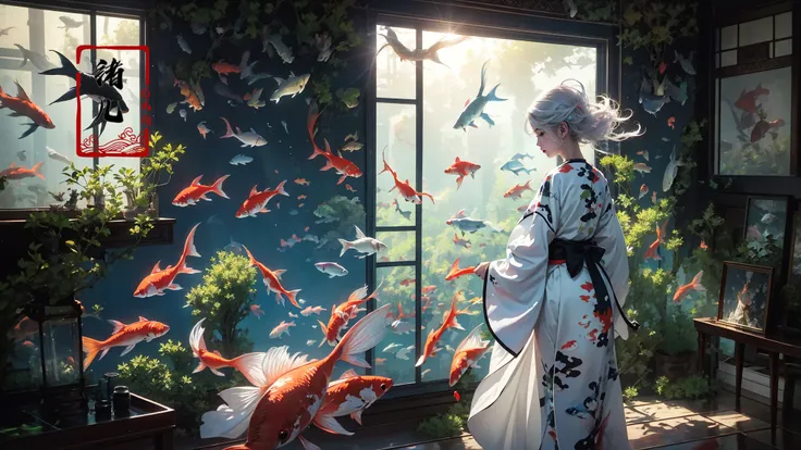 1girl, fish, solo, indoors, painting (object), white hair, short hair, plant, japanese clothes, standing, goldfish, holding, sunlight, kimono, koi, window, animal, long sleeves, from behind, hakama, facing away, picture frame, shadow, flower, aquarium
<lora:~Q?-mw^NuL Underwater world:0.8>