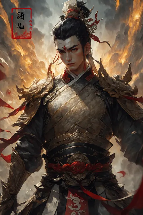 Dynamic Angle, Perspective, High Poin
xuer Ancient Chinese armor,  male,
A shot with tension(sky glows red,Visual impact,giving the poster a dynamic and visually striking appearance:1.2),Chinese Zen style,impactful picture,
<lora:~Q?-N-Vu2 xuer Ancient Chinese armor:0.8>