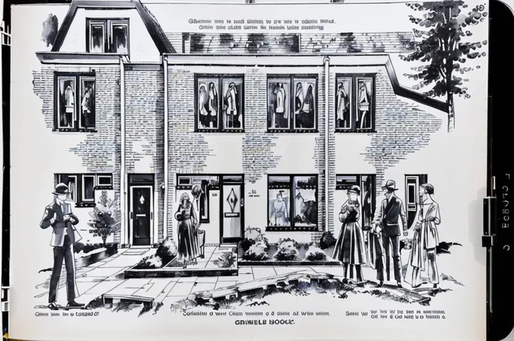 griendenstyle, drawing of houses, single storey, flat roof, black and white, street, (people, crowd:1.2) <lora:Grienden_Style_Revisited:1>