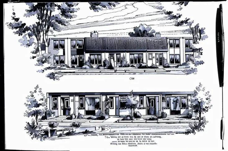 griendenstyle, drawing of houses, single storey, flat roof, black and white, street, (people, crowd:0.6) <lora:Grienden_Style_Revisited:1>