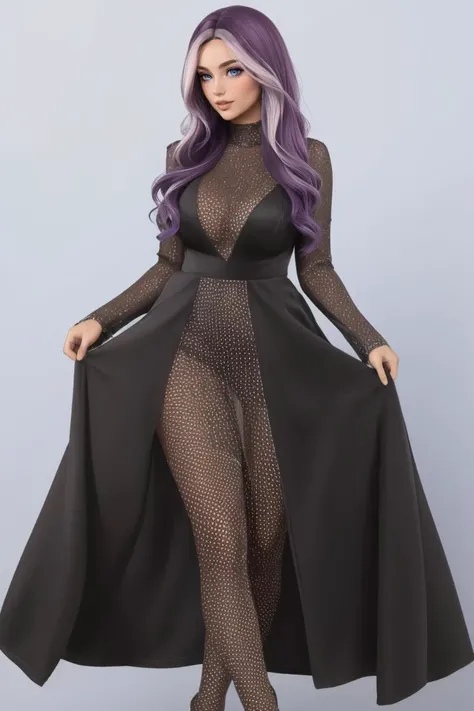 Uma mulher de cabelos azuis escuros, usando um vestido de fenda aberto de couro. Rosto arredondado, boca carnuda e olhos azuis escuros. Colar de ferro. Batom escuro. Nariz mais largo. Mulher negra.