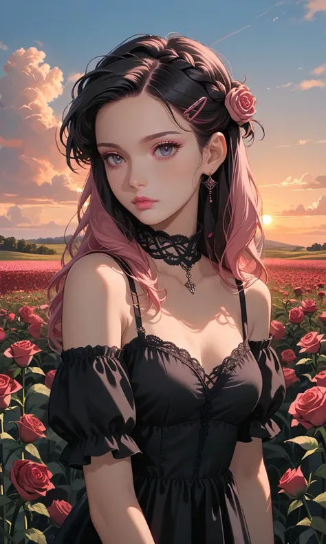 score_9, score_8_up, score_7_up, beautiful female in flower fields, sky, outdoor, sunny, evening, sunset, (wooden hut:0.7), roses, flowers background, pink hair, black hair, long hair, curtained hair, french braid, hairclip, hair ornament, medium breasts, grey eyes, open shoulders, black dress, lace choker, pink lips, makeup, <lora:easynegative:1> <lora:Expressive_H:1> <lora:age_slider_v4:1> <lora:StS_detail_slider_v1:2> <lora:xl_more_art-full_v1:0.25> <lora:gg3:0.5> goth girl, goth girl 1girl <lora:retro-neon-style:0.3> retro_neon <lora:High-key lighting Style:1> high-key, <lora:volumetric lighting style v2:1> volumetric, lighting