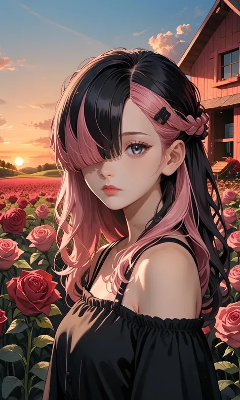 score_9, score_8_up, score_7_up, beautiful female in flower fields, sky, outdoor, sunny, evening, sunset, (wooden hut:0.7), roses, flowers background, pink hair, black hair, long hair, curtained hair, straight hair, hair over one eyes, asymmetrical bangs, long bangs, french braid, hairclip, hair between eyes, medium breasts, <lora:easynegative:1> <lora:Expressive_H:1> <lora:age_slider_v4:1> <lora:StS_detail_slider_v1:2> <lora:xl_more_art-full_v1:0.25> <lora:gg3:0.5> goth girl, goth girl 1girl <lora:retro-neon-style:0.3> retro_neon <lora:High-key lighting Style:1> high-key, <lora:volumetric lighting style v2:1> volumetric, lighting