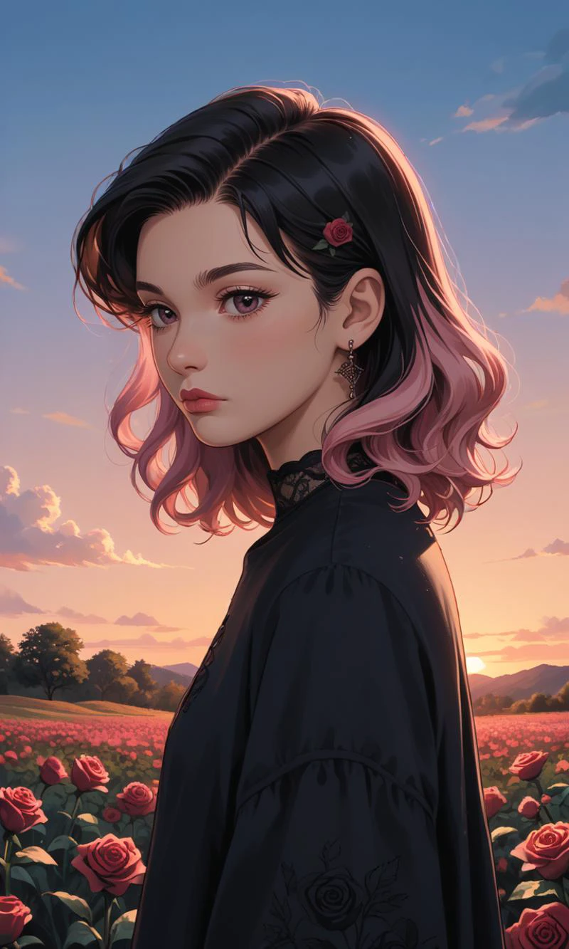 score_9, score_8_up, score_7_up, beautiful freak female in flower fields, sky, outdoor, sunny, evening, sunset, (wooden hut:0.7), roses, flowers background, pink hair, black hair, medium hair, curtained hair, straight hair, <lora:easynegative:1> <lora:Expressive_H:1> <lora:age_slider_v4:1> <lora:StS_detail_slider_v1:2> <lora:xl_more_art-full_v1:0.25> <lora:gg3:0.5> goth girl, goth girl 1girl <lora:retro-neon-style:0.3> retro_neon <lora:High-key lighting Style:1> high-key, <lora:volumetric lighting style v2:1> volumetric, lighting