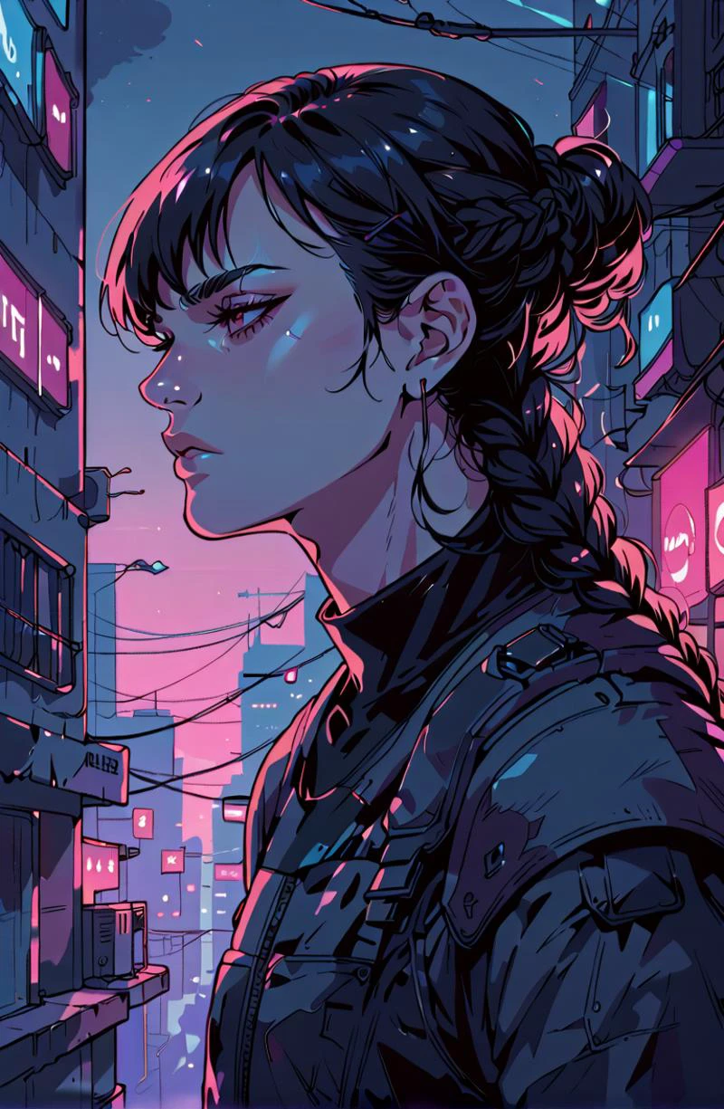 (score_9,score_8_up,score_7_up:1), bored, black hair, queens braid hairstyle, leaning again and looking outward, sci-fi city, <lora:retro-neon-style:0.8>,