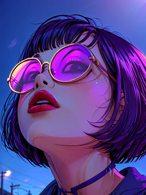 masterpiece,high resolution,<lora:retro-neon-xl-style:1>,
retro_neon, 1girl, solo, short hair, glasses, tinted eyewear, sunglasses, portrait, lips,looking up,glasses reflection