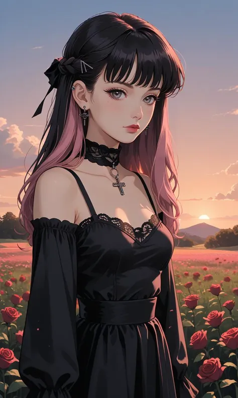 score_9, score_8_up, score_7_up, beautiful female in flower fields, sky, outdoor, sunny, evening, sunset, (wooden hut:0.7), roses, flowers background, pink hair, black hair, long hair, curtained hair, straight hair, long bangs, french braid, hairclip, medium breasts, grey eyes, open shoulders, black dress, , <lora:easynegative:1> <lora:Expressive_H:1> <lora:age_slider_v4:1> <lora:StS_detail_slider_v1:2> <lora:xl_more_art-full_v1:0.25> <lora:gg3:0.5> goth girl, goth girl 1girl <lora:retro-neon-style:0.3> retro_neon <lora:High-key lighting Style:1> high-key, <lora:volumetric lighting style v2:1> volumetric, lighting