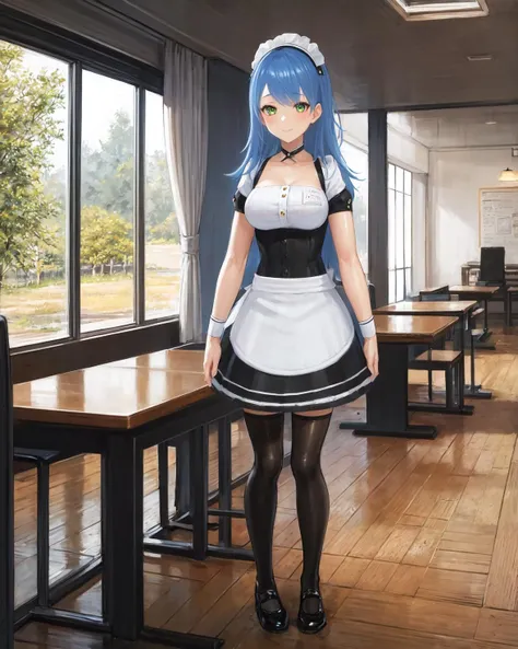 best quality, (masterpiece:1.2), illustration, absurdres, <lora:deluster2:-1>, <lora:hairdetailer:0.5>, <lora:boldline:-1>, <lora:flat2:0.7>, particles, sparkles,
(1girl, solo, beautiful detailed girl), full body,
<lora:LilaMaid-08:0.9>, Lila, blue hair, long hair, swept bangs, green eyes, medium breasts,
maid headdress, maid outfit, white apron, black collar, black thighhighs, black shoes,
polite, graceful, shy, (smile:0.7), looking at viewer,
inside japanese classroom, (maid cafe:1.1), chalkboard, tables, chairs,