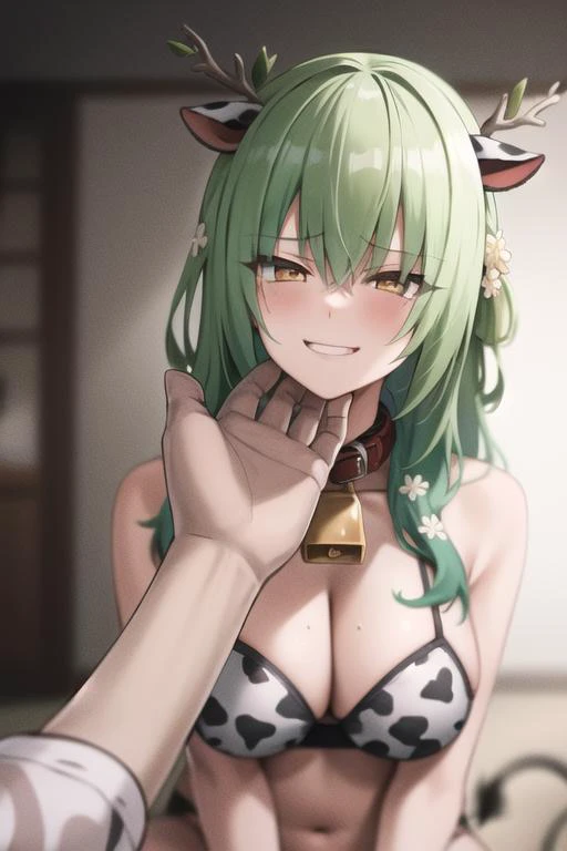 Highly detailed, High Quality, Masterpiece, beautiful, 1girl, solo, (smirk:1.1), ^_^, upper body, seiza, on ground, <lora:ceres_fauna_v2:0.8>, long hair, antlers, branch, braided bangs, hair flower, cow ears, yellow eyes, large breasts, neck bell, collar, (cow print:1.2), print bikini, print legwear, StrokingAnothersChin, (hand on another's chin:1.1), pov, <lora:StrokingAnothersChin:1>