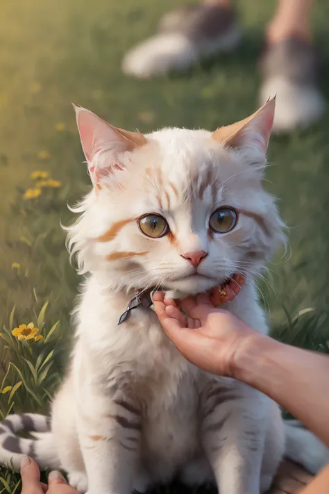 (high quality, best quality, masterpiece, grainy,high resolution, highly detailed:1.3),<lora:StrokingAnothersChin:1.05>, (StrokingAnothersChin:1.2), (hand on another's chin, pov,:1.3) cat, fluffly, lying on grass,