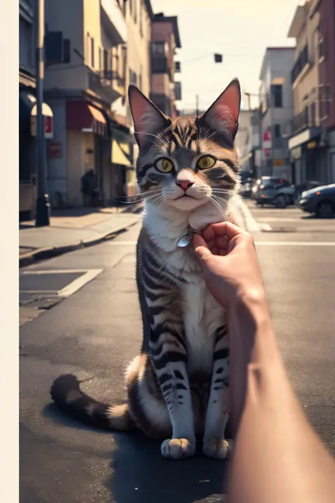 (high quality, best quality, masterpiece, grainy,high resolution, highly detailed:1.3),<lora:StrokingAnothersChin:1.0>, (StrokingAnothersChin:1.2), (hand on another's chin, pov,:1.2) feral cat sitting on street, very fluffy, purring, half closed eyes,