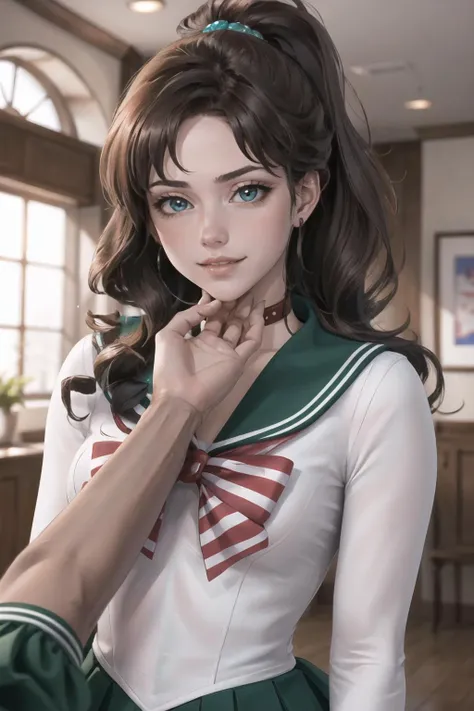 Highly detailed, High Quality, Masterpiece, beautiful, StrokingAnothersChin, hand on another's chin, pov, <lora:StrokingAnothersChin:1>, 1girl, solo, smirk, ^_^, SMJupiter, SMJupiterOutfit, green sailor collar, sailor senshi uniform, ponytail, <lora:Char_SailorMoon_Jupiter:0.8>, upper body,