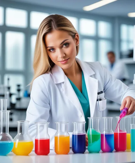 (highest quality), masterpiece, intricate, high detail, professional photo, 8k uhd, sharp focus, (realistic photograph:1.2), bright environment, (a young woman in a lab coat mixing colorful liquids in beakers and lab containers)