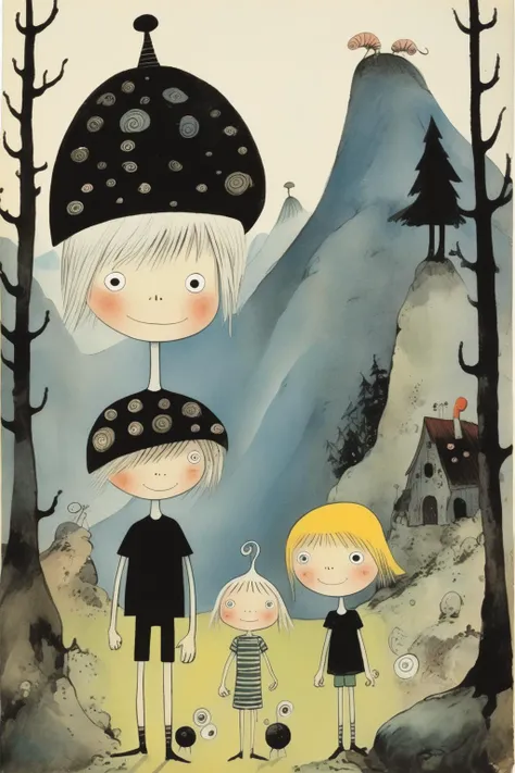 <lora:Tove Jansson Style:1>Tove Jansson Style - a 10-year-old girl wearing a hat with snails over the ears and a 12-year-old boy wearing a dress made of strabwerries, in front of big mountains and dark woods, illustration in the style of tomi ungerer