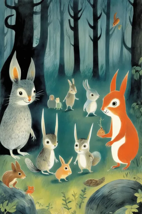 <lora:Tove Jansson Style:1>Tove Jansson Style - childrens illustration book with 4 friends a young male squirrel, a female owl, a young male mouse and a young male bunny all walking into a the woods during the night in tove jansson style