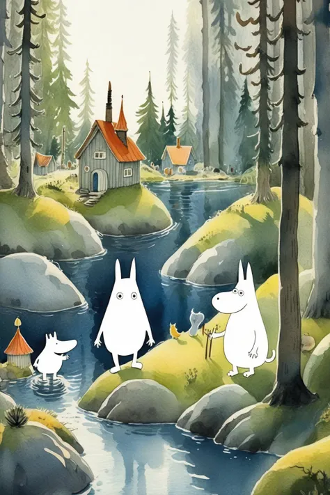 <lora:Tove Jansson Style:1>Tove Jansson Style - Moomin in Moominvalley + illustration by Tove Jansson, sunlight, highly detailed, sharp focus, 8K, beautiful watercolour painting