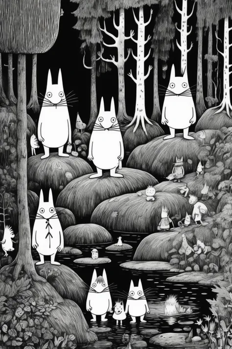 <lora:Tove Jansson Style:1>Tove Jansson Style - deep forest from which the explorer comes in with friends. moomin style, black and white coloring book