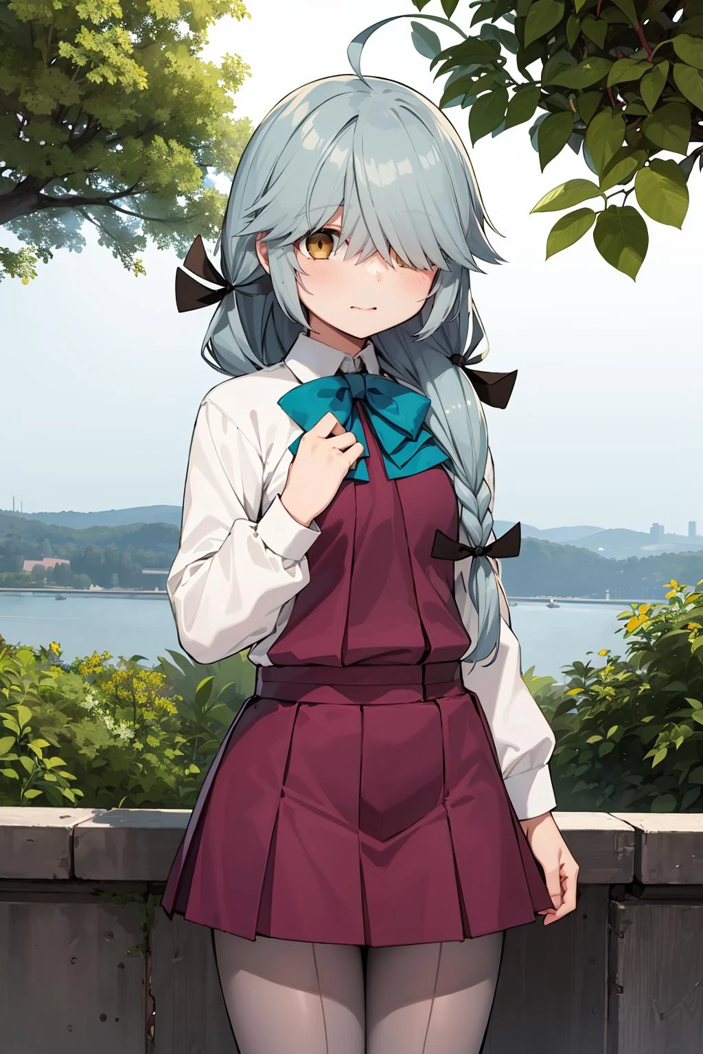 <lora:HamanamiKancolle_V10:1>, 1girl, solo,
hamanami \(kancolle\), ahoge,
hair over eyes, hair over one eye,
hair ribbon, single braid, hair over shoulder,
school uniform, dress, halterneck, white shirt, bow, bowtie, grey pantyhose,
outdoors,