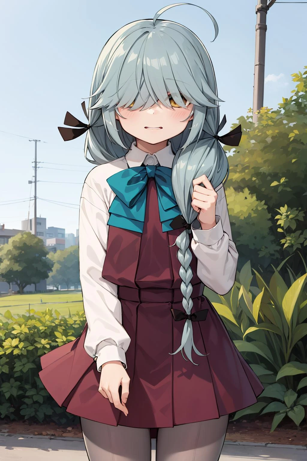 <lora:HamanamiKancolle_V10:1>, 1girl, solo,
hamanami \(kancolle\), ahoge,
hair over eyes, hair over one eye,
hair ribbon, single braid, hair over shoulder,
school uniform, dress, halterneck, white shirt, bow, bowtie, grey pantyhose,
outdoors,