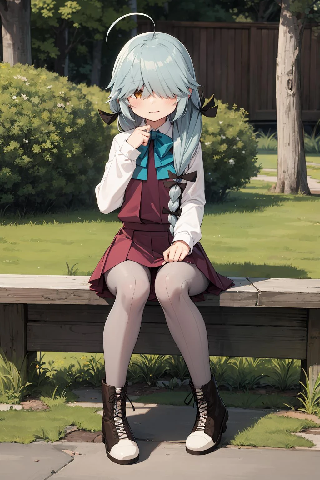 <lora:HamanamiKancolle_V10:1>, 1girl, solo,
hamanami \(kancolle\), ahoge,
hair over eyes, hair over one eye,
hair ribbon, single braid, hair over shoulder,
school uniform, dress, halterneck, white shirt, bow, bowtie, grey pantyhose, boots, brown footwear,
outdoors,