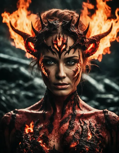 cinematic photo Reflection Photography, (((ohwx woman))) In a lava-riddled hell, a female human Demon (photorealistic:1.35) revels, surrendering to her insatiable rage. Her fierce face, painted with (wild, fiery makeup:1.2), reflects her raw power. She thrives amidst chaos, her savage abilities invoking fear in allies and foes alike. The hellish setting and her tempestuous demeanor embody the primal rage of her mythic path, <lora:hendricks_dreambooth_lora_v2b:1> . 35mm photograph, film, bokeh, professional, 4k, highly detailed