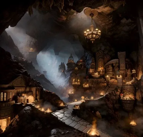 (masterpiece:1.2), (best quality,:1.2), 8k, HDR, ultra detailed, ((photorealistic)), professional light, cinematic lighting, fashion photography, ambient lighting, atmospheric effects, <lora:detail_slider_v4:3>, a large underground fantasy dwarven mine, torches on walls, DwaRe, <lora:DwarvenRealms-10:1>, in the style of Tolkien, Middle Earth, Moria, style-rustmagic, epiCPhoto