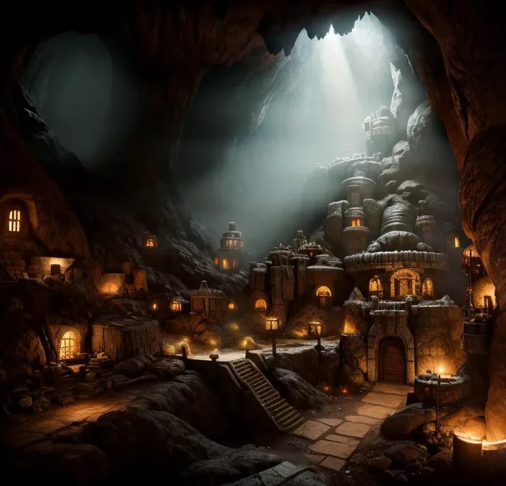 (masterpiece:1.2), (best quality,:1.2), 8k, HDR, ultra detailed, ((photorealistic)), professional light, cinematic lighting, fashion photography, ambient lighting, atmospheric effects, a large fantasy dwarf settlement underground, magical lights, forge and furnace, DwaRe, <lora:DwarvenRealms-10:1>, in the style of Tolkien, Middle Earth, Moria, epiCPhoto