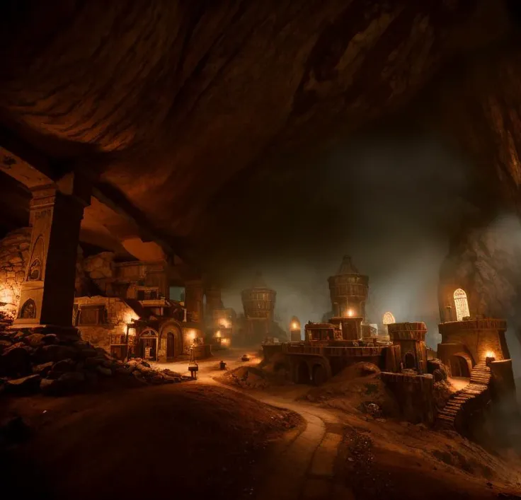 (masterpiece:1.2), (best quality,:1.2), 8k, HDR, ultra detailed, ((photorealistic)), professional light, cinematic lighting, fashion photography, ambient lighting, atmospheric effects, a large dwarf settlement underground, DwaRe, <lora:DwarvenRealms-10:1>,  in the style of Tolkien, Middle Earth, Moria, epiCPhoto
