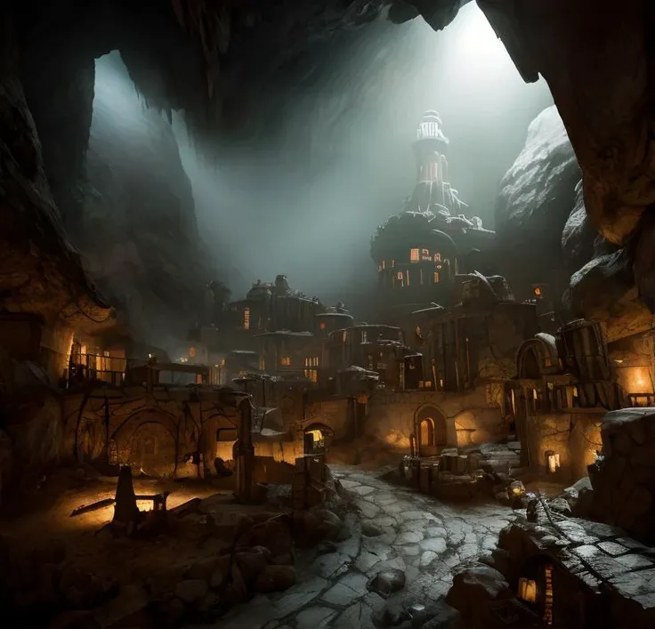 (masterpiece:1.2), (best quality,:1.2), 8k, HDR, ultra detailed, ((photorealistic)), professional light, cinematic lighting, fashion photography, ambient lighting, atmospheric effects, a large fantasy dwarf settlement underground, magical lights, forge and furnace, DwaRe, <lora:DwarvenRealms-10:1>, in the style of Tolkien, Middle Earth, Moria, epiCPhoto