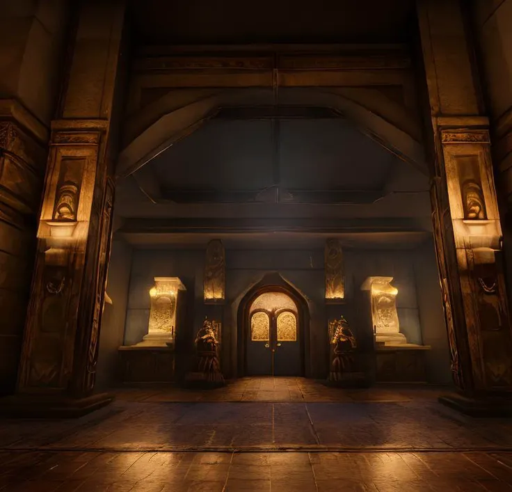 (masterpiece:1.2), (best quality,:1.2), 8k, HDR, ultra detailed, ((photorealistic)), professional light, cinematic lighting, fashion photography, ambient lighting, atmospheric effects, a large dwarven door, closed, elaborate and intricate design, magical lights, dwarven columns, huge dwarven statues on either side, DwaRe, <lora:DwarvenRealms-10:1>,  in the style of Tolkien, Middle Earth, Moria, epiCPhoto