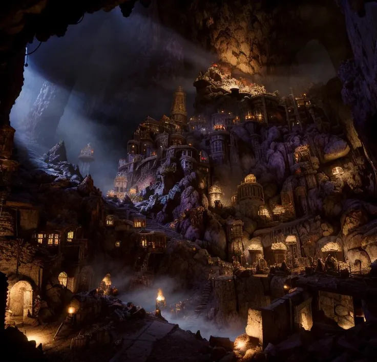 (masterpiece:1.2), (best quality,:1.2), 8k, HDR, ultra detailed, ((photorealistic)), professional light, cinematic lighting, fashion photography, ambient lighting, atmospheric effects, <lora:detail_slider_v4:3>, a large underground fantasy dwarven mine, torches on walls, DwaRe, <lora:DwarvenRealms-10:1>, in the style of Tolkien, Middle Earth, Moria, style-rustmagic, epiCPhoto