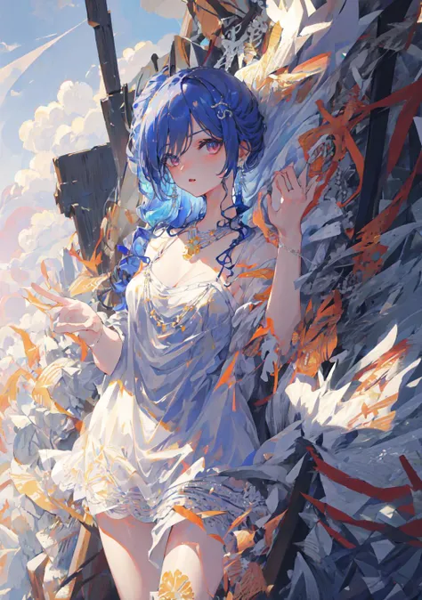 <lora:stLouisLuxuriousWheels_v1:1>, st. louis \(luxurious wheels\) \(azur lane\), 1girl, hair ornament, earrings, necklace, portrait, silver dress, revealing clothes, looking at viewer, solo, sky, cloud