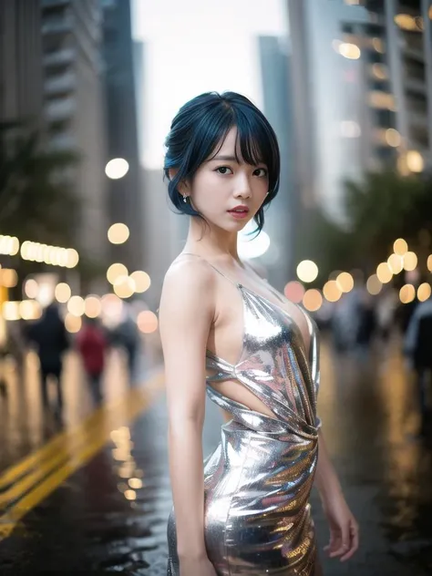 1girl, best quality, ultra high res, (photorealistic:1.4), night, wet, rain, people, standing, city, blue hair, black hair, short hair, ((Yurisa)),silver dress, revealing clothes, looking at the viewer, solo