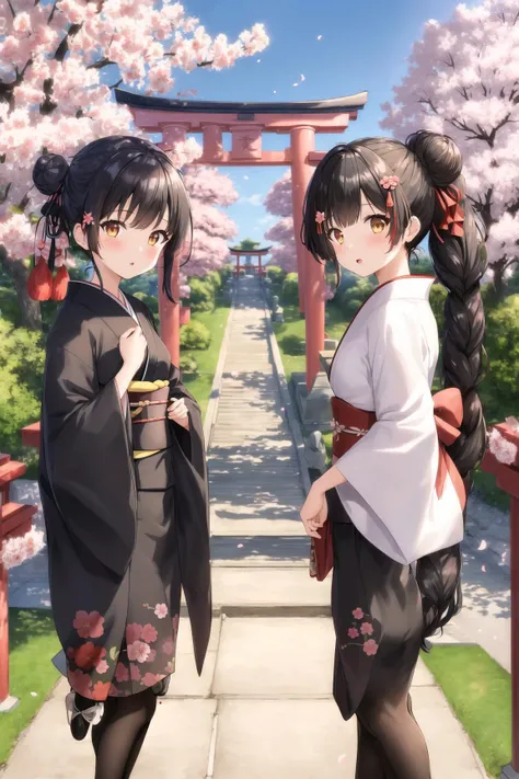 ((masterpiece,best quality)),2girls, black kimono, black legwear, black ribbon, black hair, cherry blossoms, day, flower, hair bun, hair ribbon, japanese clothes, kimono, long hair, looking at viewer, looking back, multiple girls, obi, outdoors, red eyes, red hair, ribbon, sandals, single hair bun, stairs, standing, statue, torii, tree, white kimono, yellow eyes