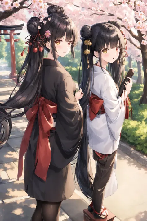 ((masterpiece,best quality)),2girls, black kimono, black legwear, black ribbon, black hair, cherry blossoms, day, flower, hair bun, hair ribbon, japanese clothes, kimono, long hair, looking at viewer, looking back, multiple girls, obi, outdoors, red eyes, red hair, ribbon, sandals, single hair bun, stairs, standing, statue, torii, tree, white kimono, yellow eyes