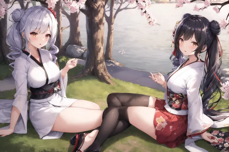 ((masterpiece,best quality)),2girls, black kimono, black legwear, black ribbon, black hair, cherry blossoms, day, flower, hair bun, hair ribbon, japanese clothes, kimono, long hair, looking away, multiple girls, obi, outdoors, red eyes, red hair, ribbon, sandals, single hair bun, sitting on the grass, statue, tree, white kimono, yellow eyes, st. louis \(luxurious wheels\) \(azur lane\), <lora:stLouisLuxuriousWheels_v1:0.5>